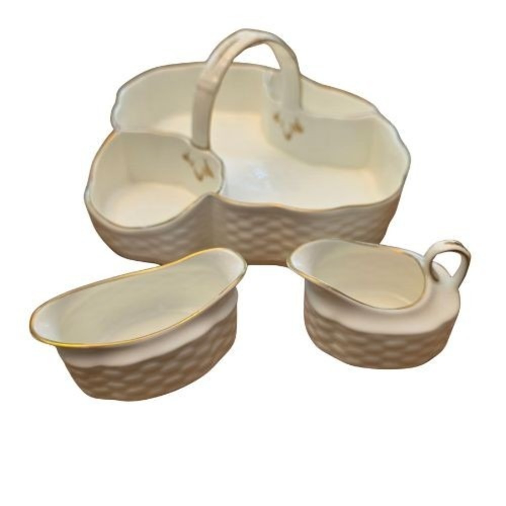 Coalport Bone China Fruit Berry Basket Serving Tray Cream Sugar 22K Gold England